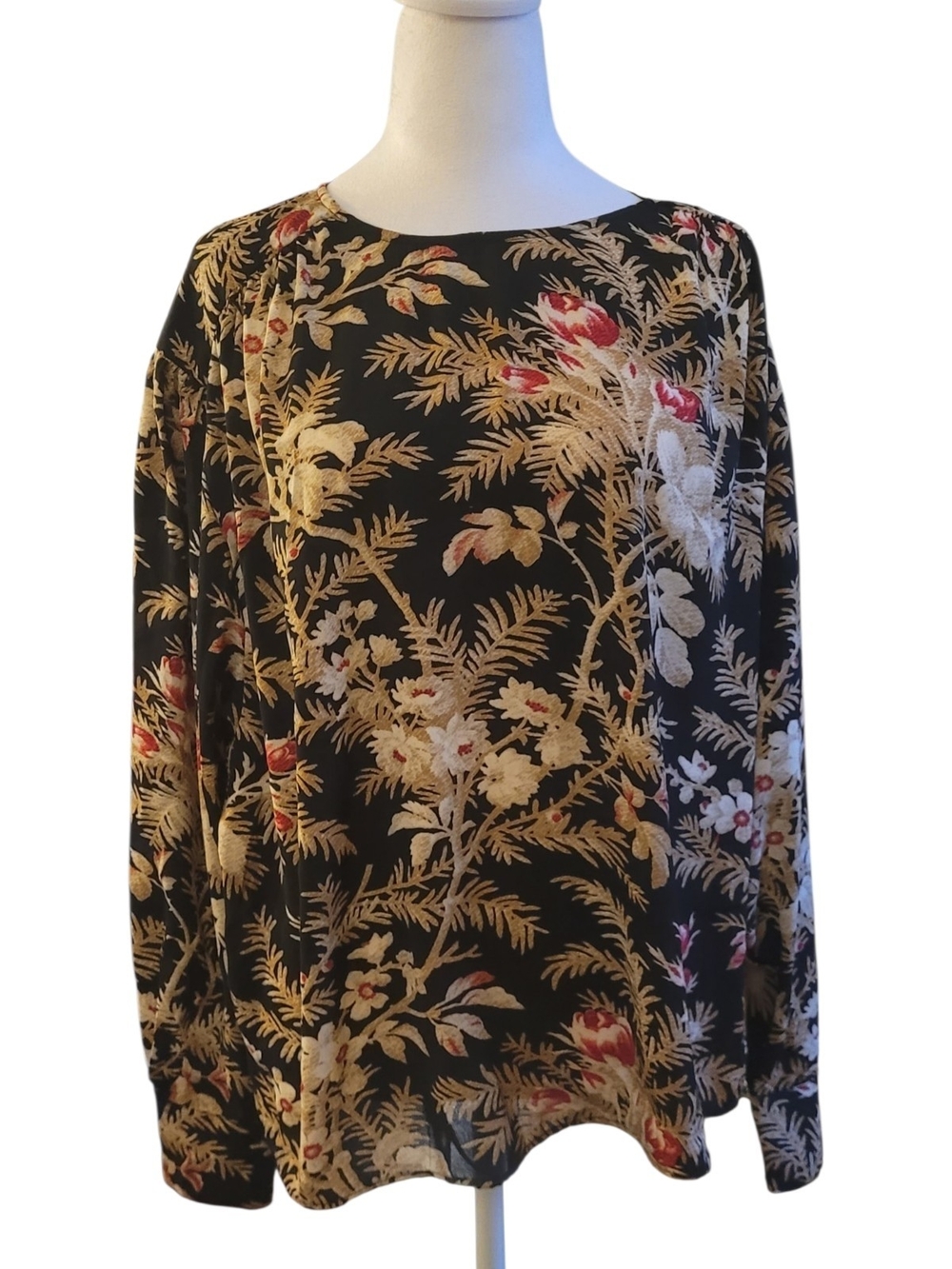 H&M Black Floral Long-Sleeve Top with Red and Cream Print